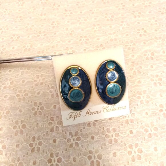 Vintage Teal Blue Enamel Gold Tone Large Oval Earrings Non-Pierced Clip Earrings - Picture 3 of 8